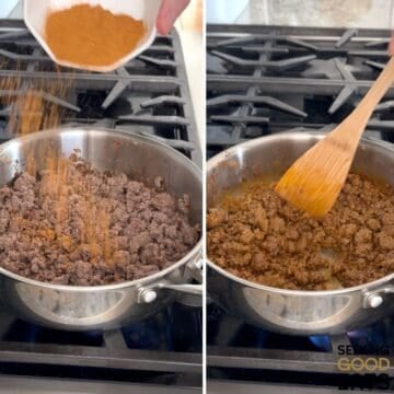 Adding taco seasoning to ground beef for the stuffed taco peppers recipe.