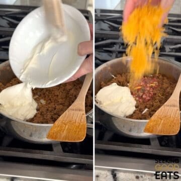 Making the filling for the taco stuffed bell peppers in a skillet.