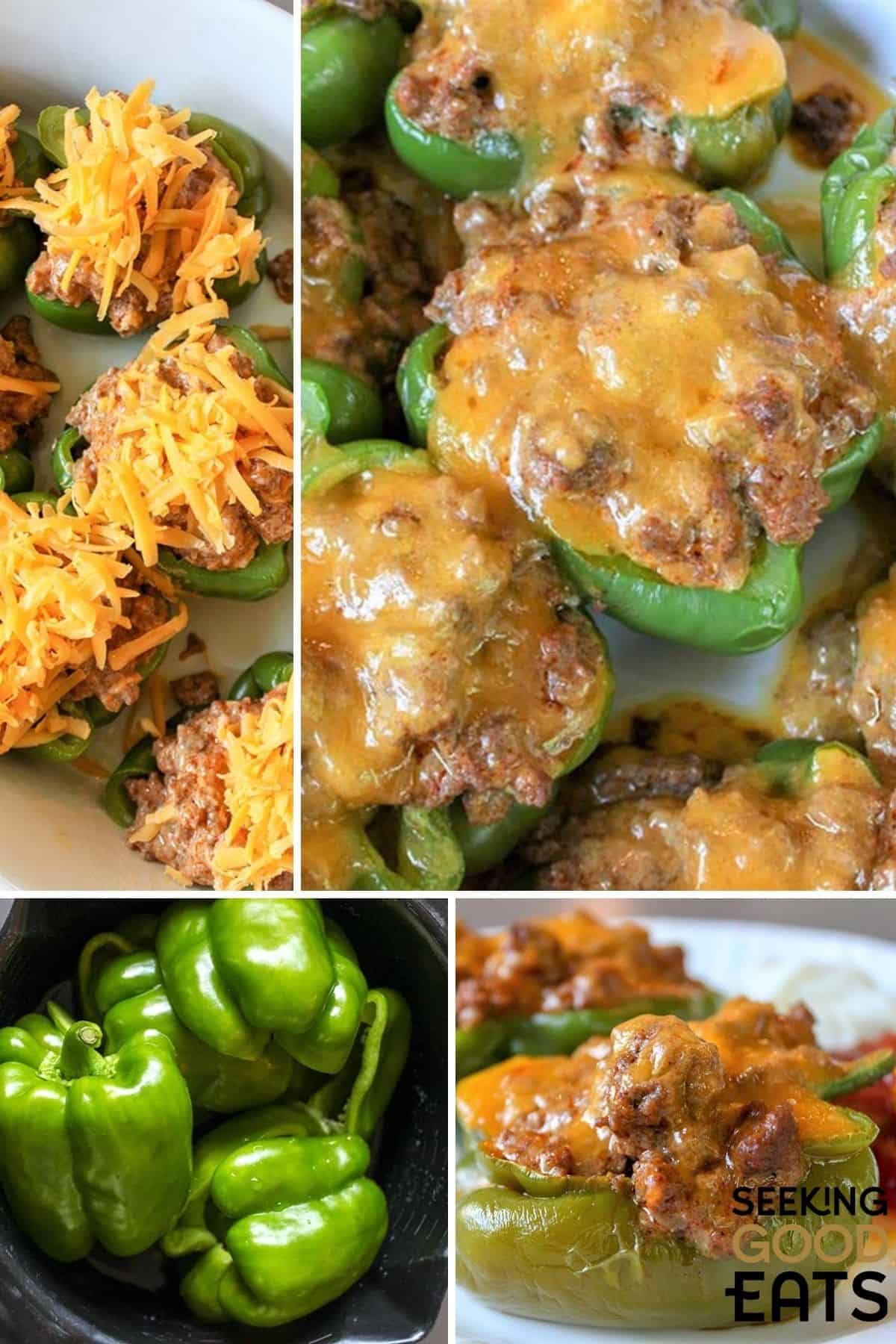A collage of four vintage Seeking Good Eats taco stuffed bell pepper images.