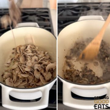 Adding the mushrooms toa white Dutch oven and sautéing them for savory oatmeal and mushrooms with sweet potatoes.