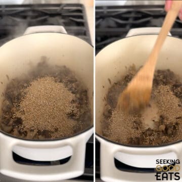 Adding in the oats and sautéing them in a white Dutch oven for savory oatmeal with mushrooms and sweet potatoes.