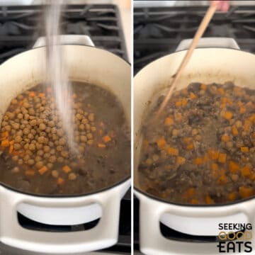 Adding the chickpeas and sweet potatoes to the Dutch oven for savory oatmeal with mushrooms and sweet potatoes.