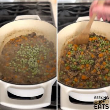 Adding in peas to the savory oatmeal with mushrooms and sweet potatoes in a white Dutch oven.