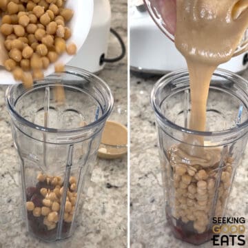 Adding the beets and chickpeas to a blender cup and then drizziling in the additional ingredients for roasted beet hummus.