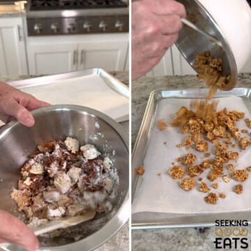 Cubed tofu with seasoning and dredging ingredients in a silver bowl and tossing until all the tofu is evenly covered and then pouring onto a parchment lined baking sheet for tofu tacos.