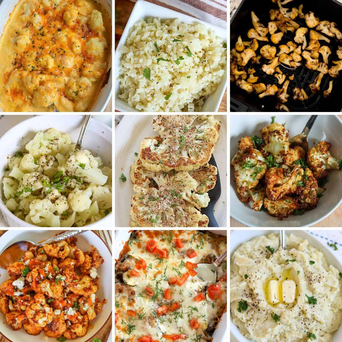 collage of 9 different featured recipes made with cauliflower