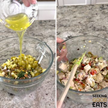 Adding all ingredients into a clear mixing bowl and then stirring together the ingredients to make dill pickle chicken salad.