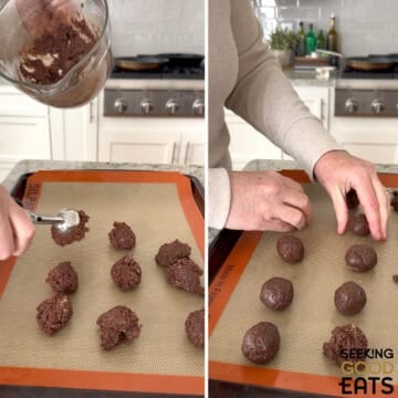 Using a large cookie scoop, scooping the easy protein brownie balls mixture and placing on a slip mat lined baking sheet and spacing evenly.