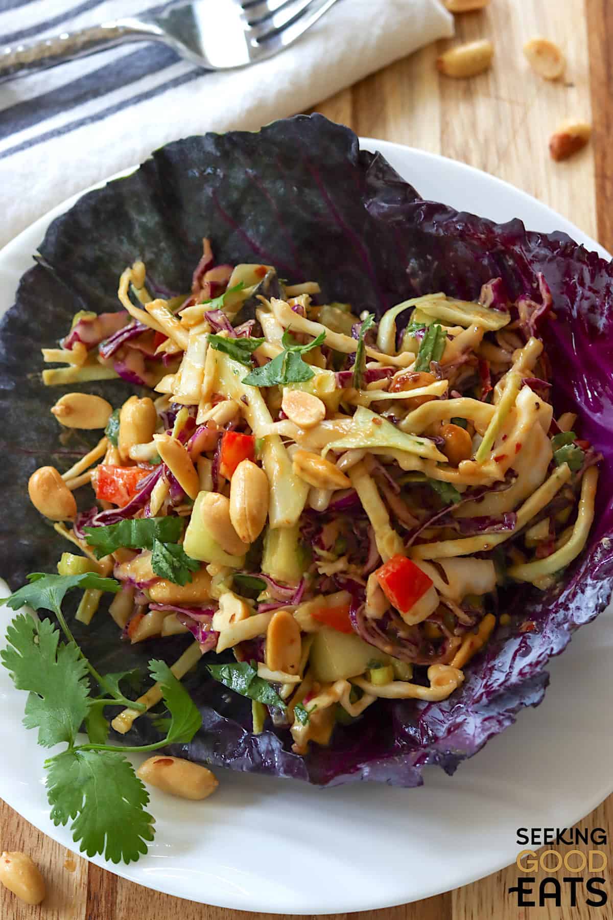 Thai peanut salad servie on a white plate in a red cabbage leaf.