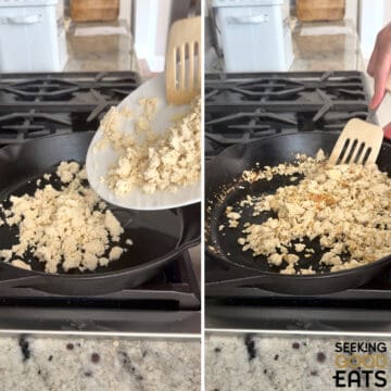 Adding the plant based tofu taco meat crumbles to a cast iron pan and using a spatula to move around to brown the tofu.