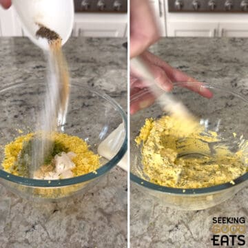 Adding the remaining ingredients to a glass bowl and mixing all ingredients together thoroughly for dill pickle deviled eggs.