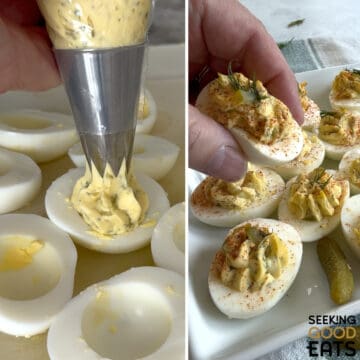 Piping the dill pickle deviled eggs filling into the halved hard boiled eggs and garnished with diced dill pickle and fresh dill.
