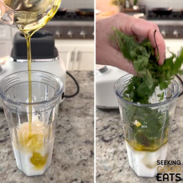 A handheld blender filled with ingredients needed to make green goddess dressing recipe.