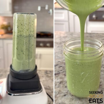 A handheld blender, blending green goddess dressing recipe until blended and creamy then poured into a clear mason jar.