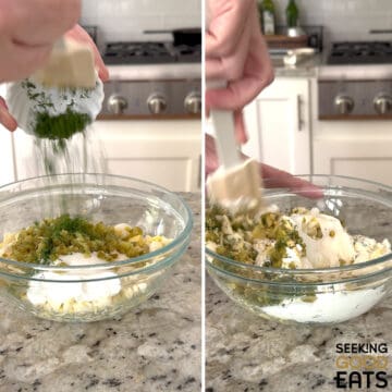 Mixing together all ingredients to make egg salad with dill pickles in a clear mixing bowl.