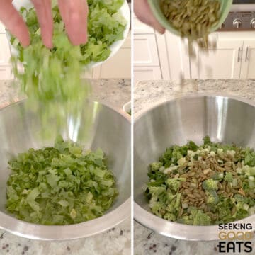 Adding chopped lettuce to a silver mixing bowl and then adding vegetables and pepitas on top of the lettuce.
