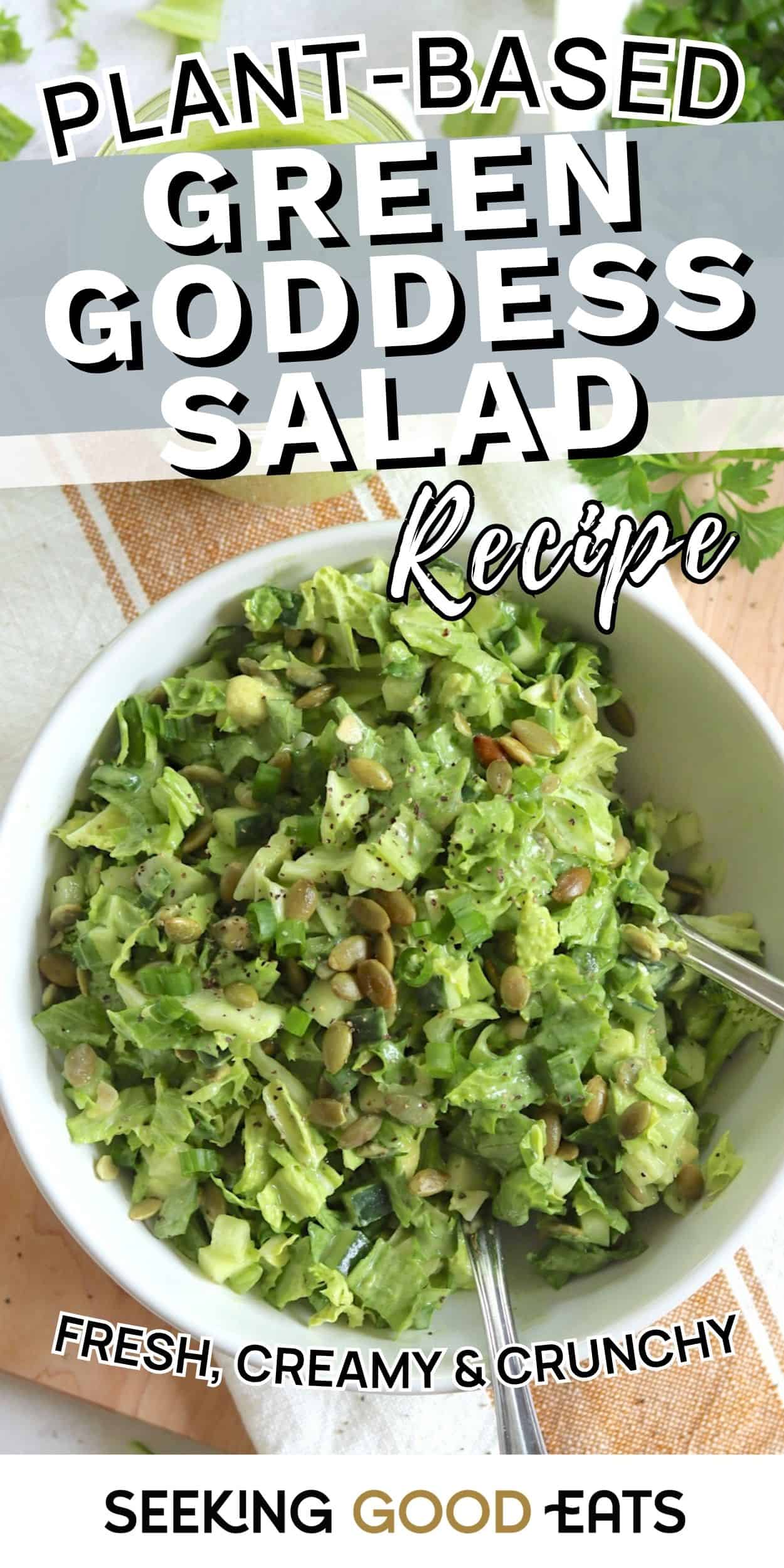 A bowl of chopped green goddess salad with avocado, seeds, and creamy vegan green goddess dressing, perfect for a fresh salad recipe.