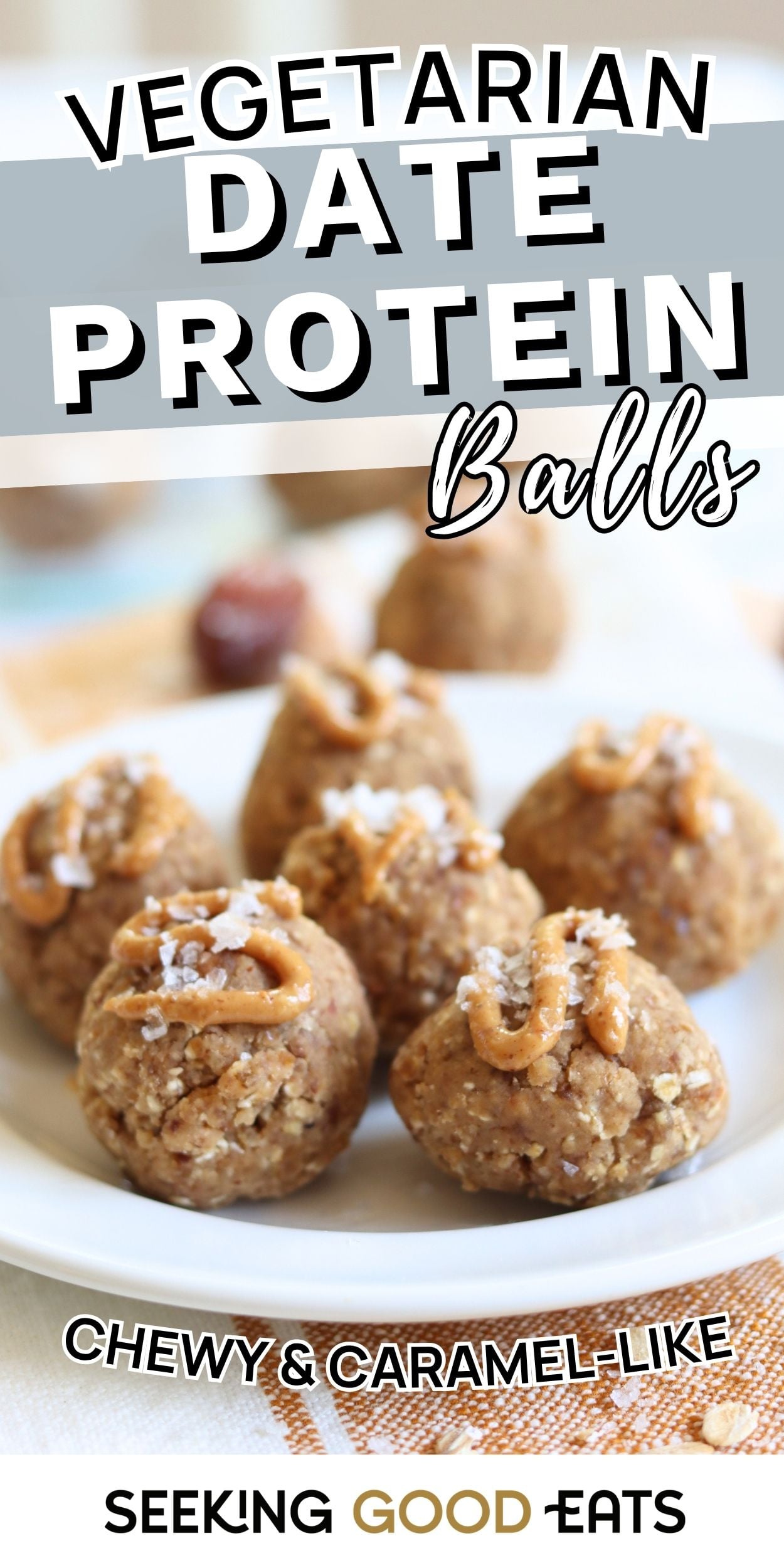 Peanut butter date protein balls on a white plate with flaky salt and peanut butter drizzle. A healthy energy bites with dates recipe.