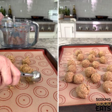 Using a cookie scoop to evenly scoop balls onto a silicone mat lined baking sheet.