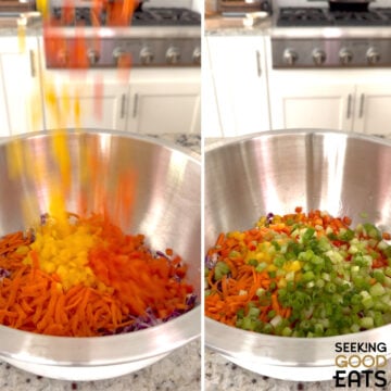 Adding all fresh chopped ingredients into a silver mixing bowl for green goddess cabbage salad.