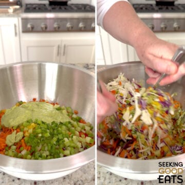 Adding green goddess dressing to the green goddess cabbage salad ingredients and then tossing together in a silver mixing bowl.