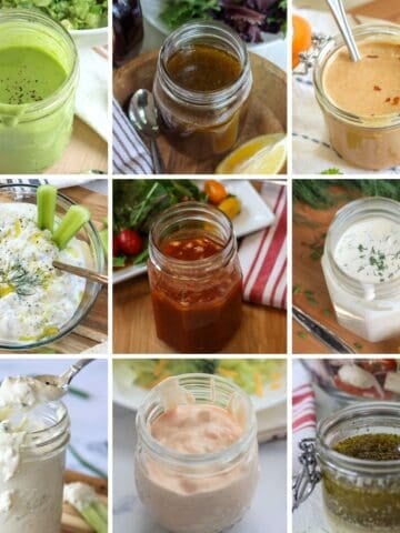 Collection of 9 different homemade salad dressings.