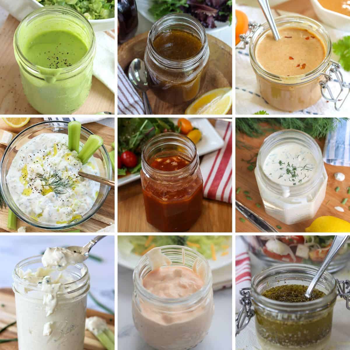 Collection of 9 different homemade salad dressings.