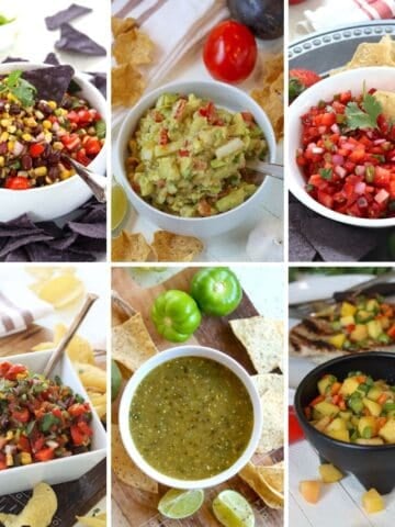 Featured image collage showing 6 salsa recipes.