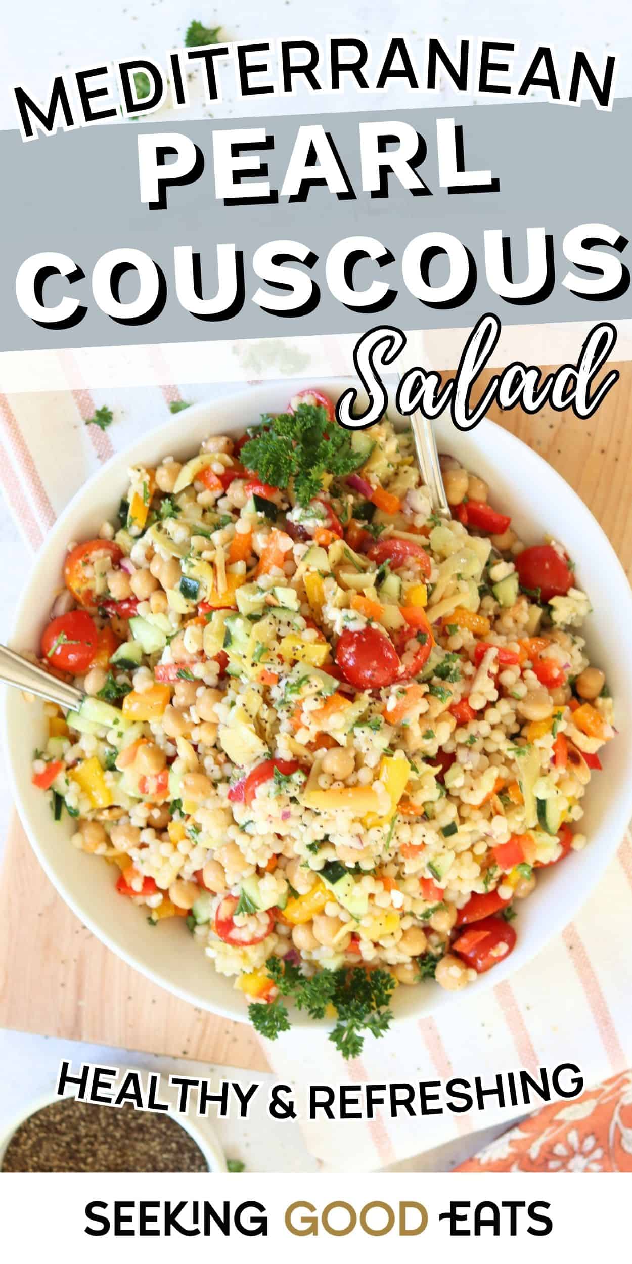 A colorful bowl of Mediterranean pearl couscous salad with chickpeas, cherry tomatoes, cucumbers, bell peppers, and fresh herbs. This healthy Mediterranean salad recipe looks fresh and vibrant.