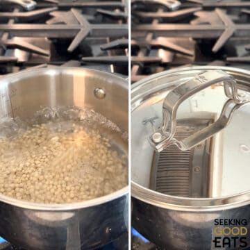 Boiling the couscous for Mediterranean pearl couscous salad in a large silver stock pot on the stove and then covering the pot with silver lid.