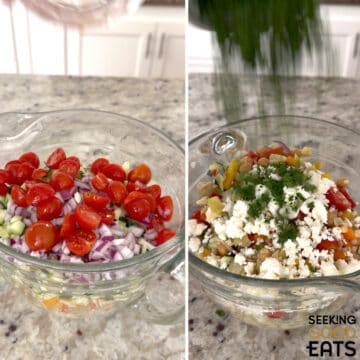 Adding chopped ingredients for Mediterranean pearl couscous salad to a large clear mixing bowl and then adding the other fresh ingredients to the bowl.