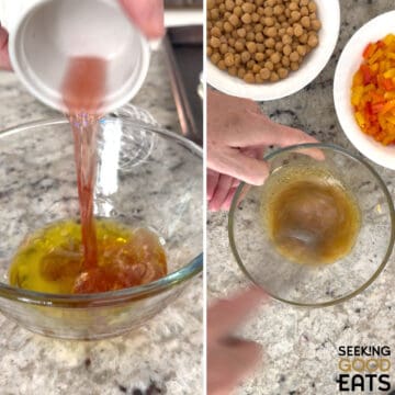 In a separate clear bowl adding the dressing ingredients for Mediterranean pearl couscous salad and then whisking them all together.