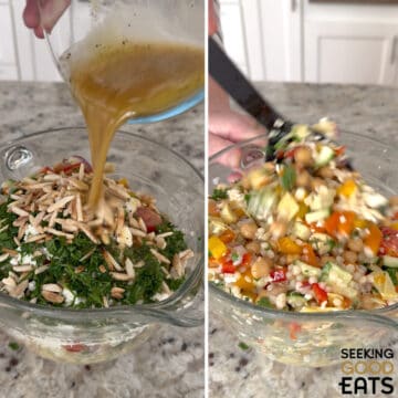Pouring the dressing over the top of the Mediterranean pearl couscous salad ingredients and then tossing all ingredients together.