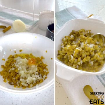 Adding all ingredients for dill pickle relish to a white mixing bowl, then serving it in a white square dish and a silver spoon.