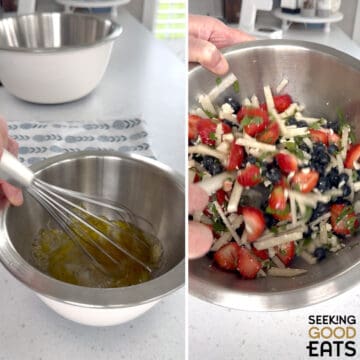 Mixing together the honey and lime dressing for the red white and blue fruit salad in a separate silver mixing bowl, then adding it to the fresh ingredients and combining it all together.