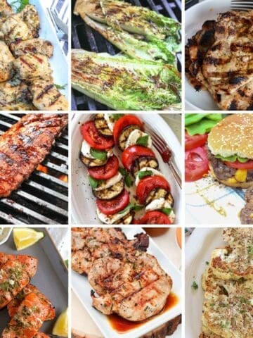 Collage of 9 easy recipes made on the grill.