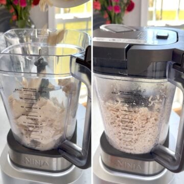 Processing the cooked chicken in a blender to shred it finely for the chicken salad.