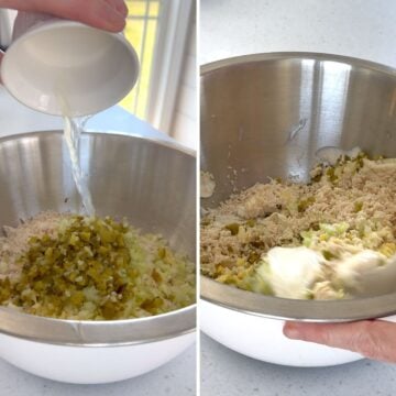 Chick-fil-a chicken salad recipe being mixed in a metal bowl.
