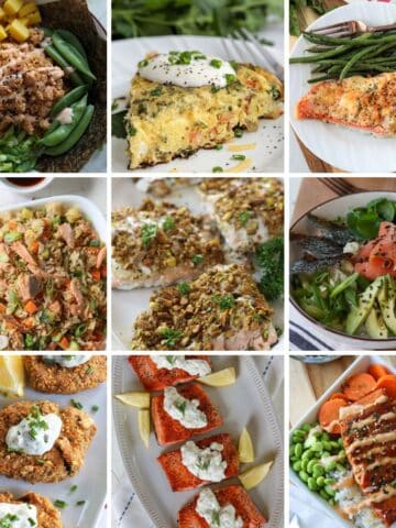 Collection of 9 salmon recipes featuring breakfast, dinner, and lunch ideas.