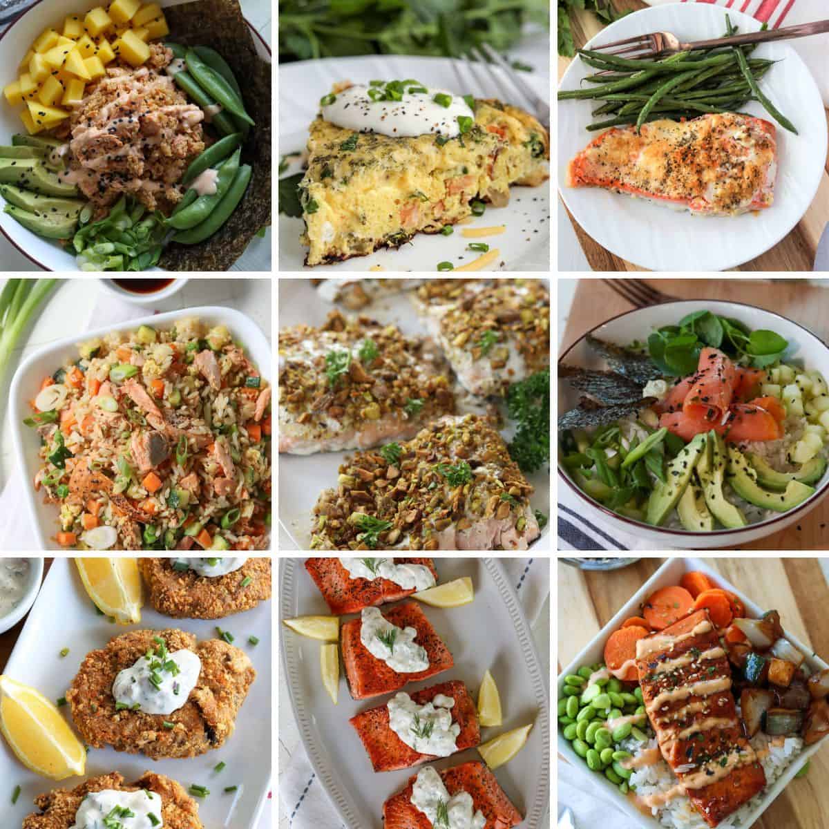 Collection of 9 salmon recipes featuring breakfast, dinner, and lunch ideas.