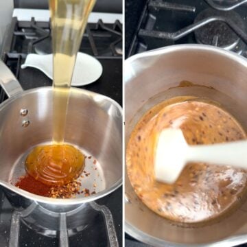 Adding all the hot honey ingredients to a saucepan then warming on a stove.