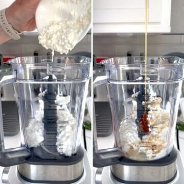 Adding cottage cheese and honey to whip in a blender.