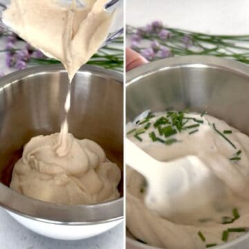 Stirring chives into the hot honey whipped cottage cheese dip.