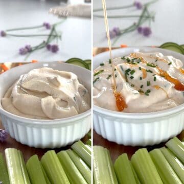 Drizzling hot honey over the whipped cottage cheese dip.