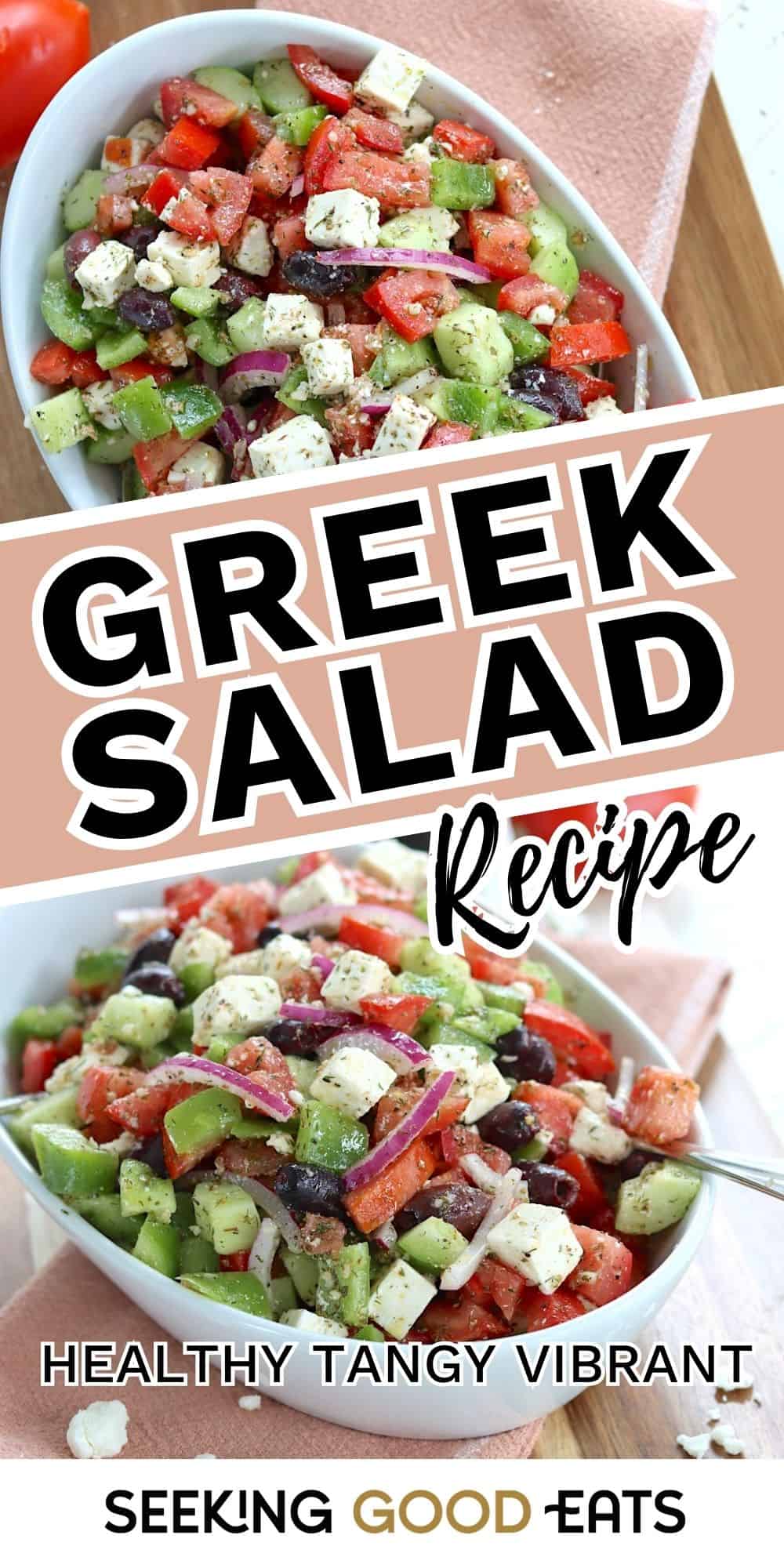 A white dish with Greek salad with text overlay.