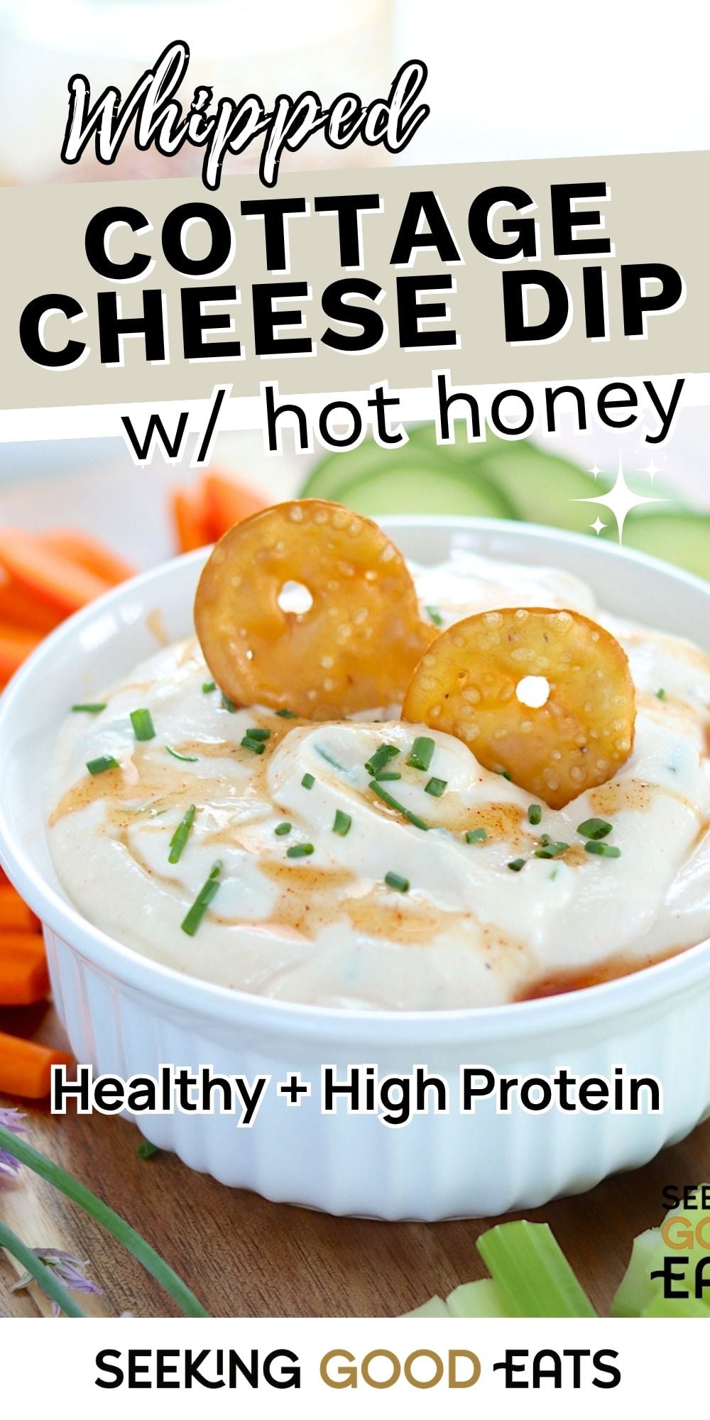 Text overlay over an image of a white bowl with whipped cottage cheese dip with hot honey drizzle.