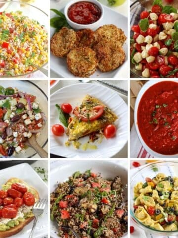 Image featuring 9 different recipes made with tomatoes.