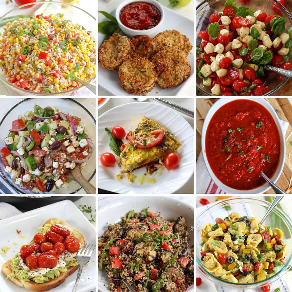 Image featuring 9 different recipes made with tomatoes.
