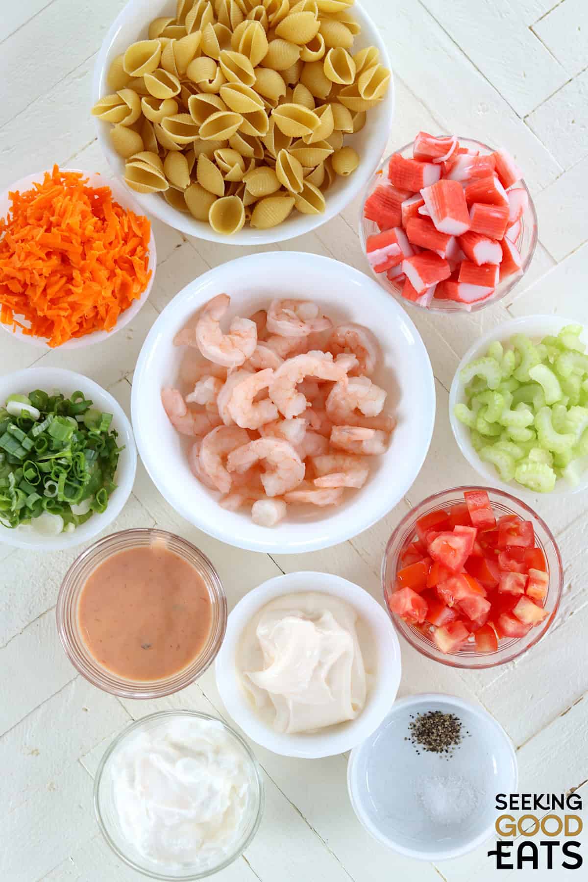 Ingredients you will need to make the seafood pasta salad recipe.