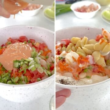 Making seafood pasta salad in a white bowl.